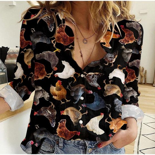 Chicken Blouse Shirt, Farm Animal Casual Top for Women, Cottagecore Blouse