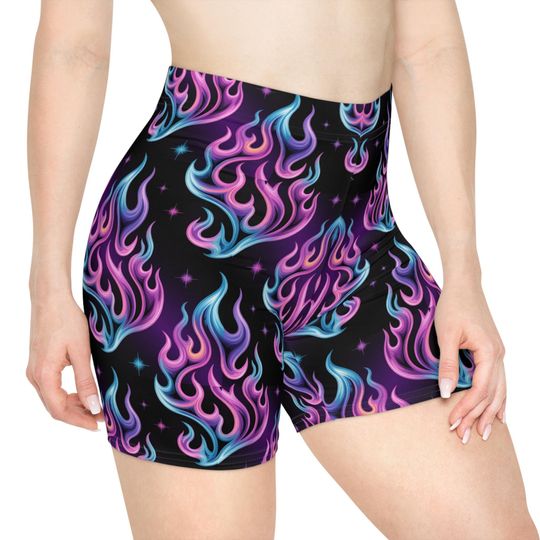 Neon Purple and Blue Cosmic Flames Womens Spandex Biker Shorts XS-2XL