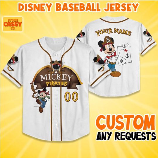 Personalize Disney Mickey Pirate Treasure Hunt, Jersey Baseball, Birthday Outfit, Custom Name & Number, Mickey Mouse Park