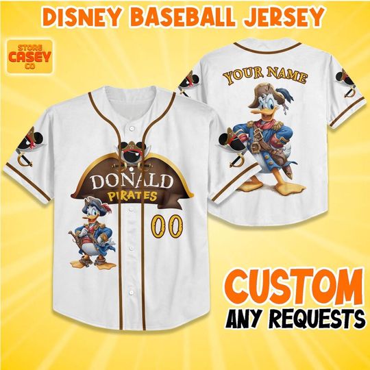 Personalize Disney Donald Pirate Island, Jersey Baseball, Birthday Outfit, Custom Name & Number, Mickey Mouse Park