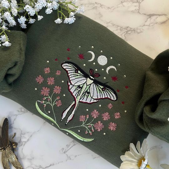 Cottagecore Luna Moth Embroidered Sweatshirt, Camping Outdoors