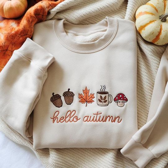 Cozy Autumn Embroidered Sweatshirt, Falling Leaves Sweatshirt, Thanksgiving Sweatshirt