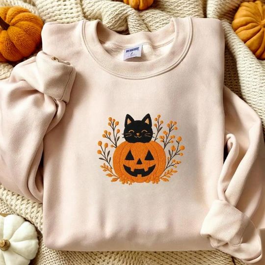 Halloween Cat Pumpkin Embroidered Sweatshirt, Pumpkin Cat Sweatshirt, Cat Halloween Sweatshirt, Autumn Pumpkin Sweatshirt