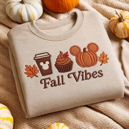Mickey Fall Vibes Embroidered Sweatshirt, Disney Fall Sweatshirt, Pumpkin Lace Sweatshirt, Preppy Autumn Sweater, Mickey Pumpkin