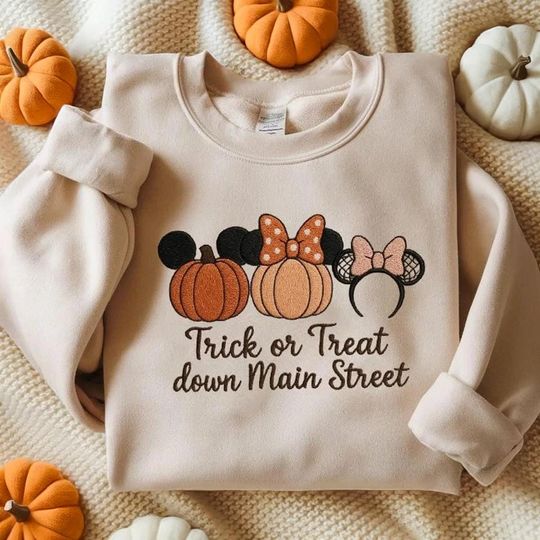 Trick or Treat Down Main Street Embroidered Sweatshirt, Mickey Pumpkins Sweatshirt, Halloween Pumpkin Sweatshirt, Fall Disney Sweatshirt