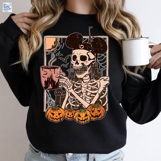 Halloween Disney Spooky Sweatshirt, Mickey Skeleton Coffee Sweatshirt, Vintage Disney Skeleton Sweatshirt, Pumpkin Halloween Sweatshirt