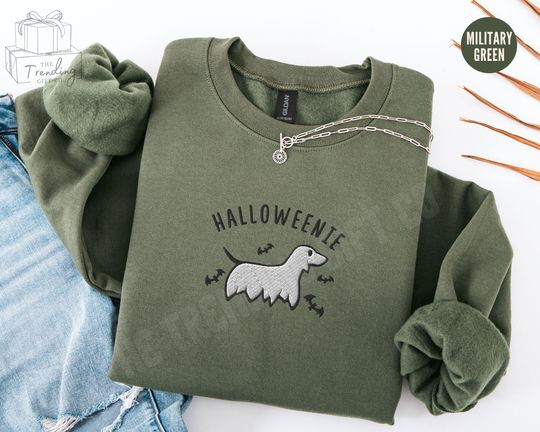 Embroidered Dachshund Halloween Ghost Sweatshirt, Wiener Dog Spooky Season Sweater