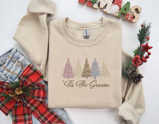 Embroidery Christmas Tree Sweatshirt, Tis The Season Embroidered Sweatshirt