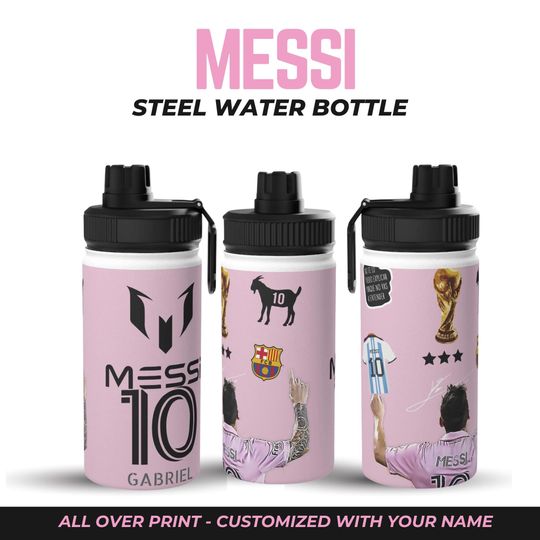 Messi Miami Pink Stainless Steel Water Bottle, Soccer Fan Gift, Sports Drink Container, Football Player Themed Water Flask, Soccer Mom Gear.