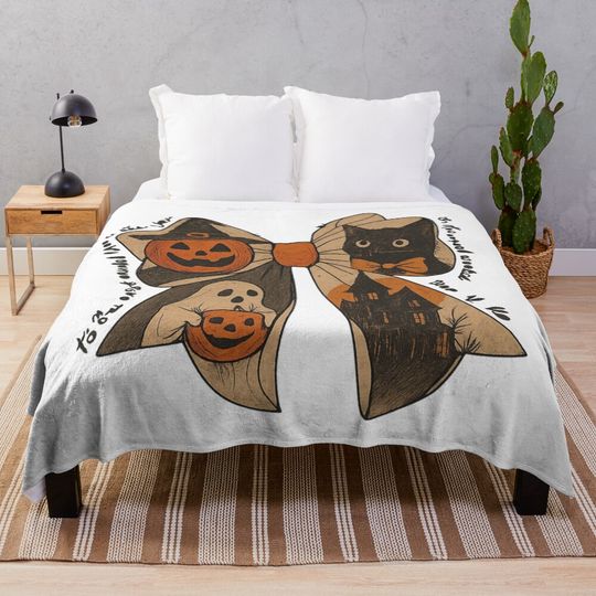 Vintage Halloween Bow Design | Retro Jack-o’-Lantern, Black Cat, Ghost & Haunted House | Spooky Apparel, Mugs, Stickers & Gifts Throw Blanket