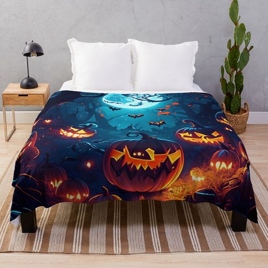 Enchanted full moon night: glowing pumpkins in the forest Throw Blanket