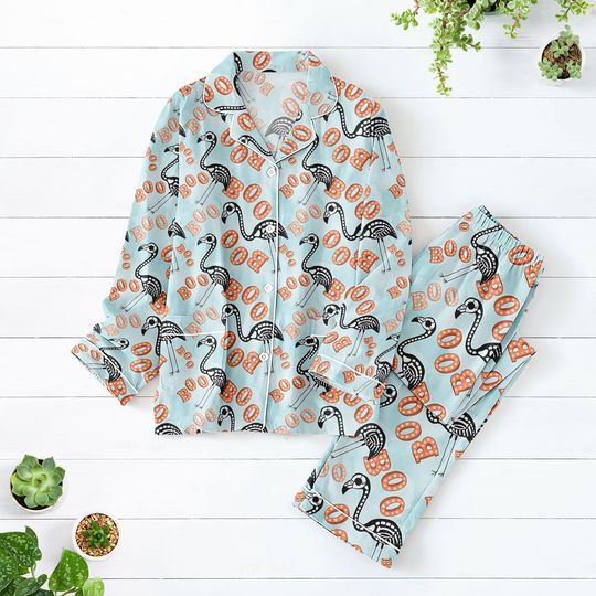 Flamingo Skeleton Pajamas Set, Funny Halloween Sleepwear For Women