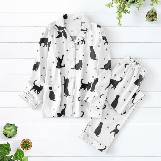 Black Cat Pajamas Set, Cute Kitty Sleepwear For Women