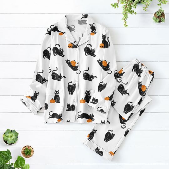 Black Cat Pumpkin Pajamas Set, Spooky Halloween Pet Pajamas