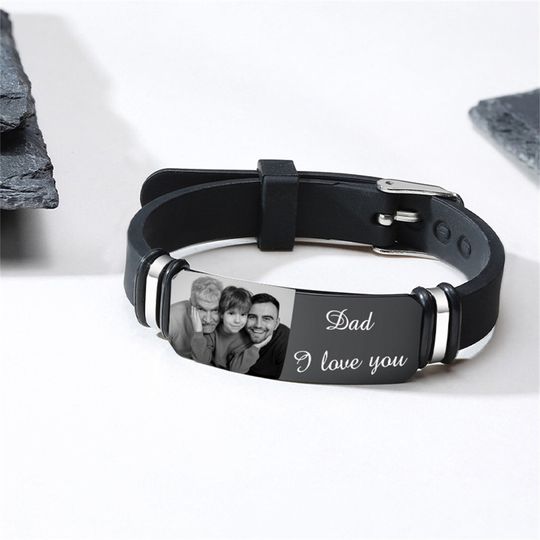 Personalized Photo Men's Silicone Bracelet, Adjustable Name Wristband, Custom Gift for Dad
