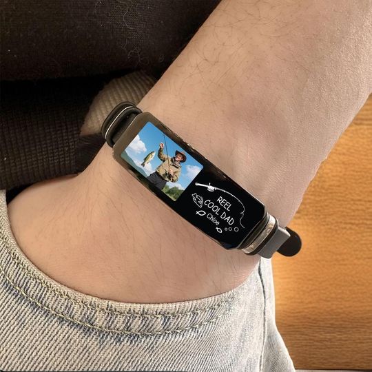 Personalized Photo Bracelet with Name,Custom Picture Silicone Rubber Wristband,Father's Day Gift  for Men Dad Grandpa Him,Fishing Hobby Gift