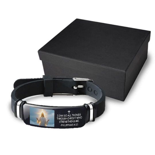 Personalized Photo Bracelet with Name, Custom Picture Silicone Wristband, Religious Christian Gift for Him and Her