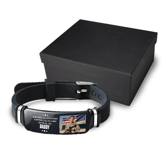 Personalized Photo Silicone Rubber Wristband - Veteran Dad Retirement Gift for Grandpa and Him