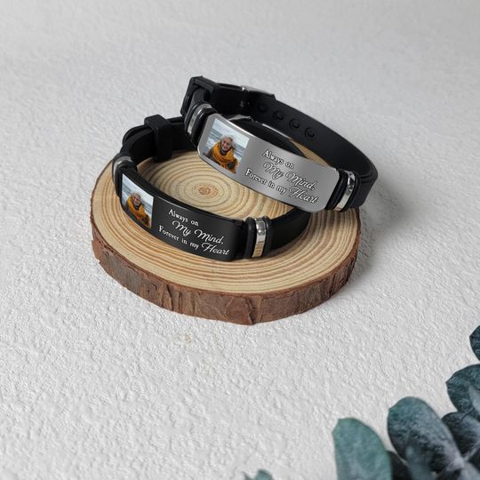 Personalized Photo Bracelet - Always on My Mind, Forever in My Heart, Custom Memorial Jewelry, Gift for Him