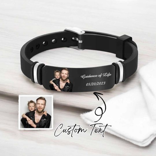 Personalized Leather Photo Bracelet for Men, Memorial Jewelry Gift for Dad, Custom Name Picture Bracelet for Him or Her