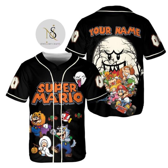 Personalized Super Mario Halloween Baseball Jersey, Mario Luigi Princess Peach Trick or Treat Kids Youth Adult Team, Mario Family Halloween