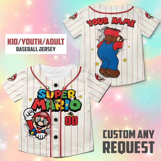 Personalized Super Mario Baseball Jersey, Super Mario Cute Birthday Girl Jersey, Mario Birthday Boy Tee, Mario Family Shirt