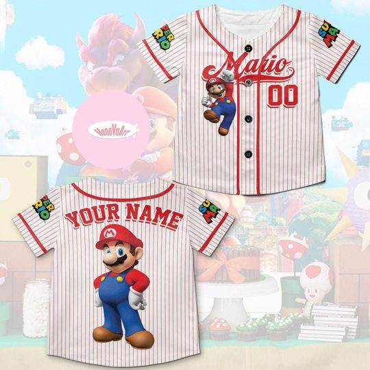 Personalized Super Mario Baseball Jersey, Mario Luigi Princess Peach Epic Universe Kid Youth Adult Team, Mario Family Birthday Party Outfit