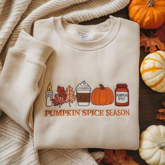 Embroidered Pumpkin Spice Season Sweatshirt, Fall Cozy Autumn Sweatshirt