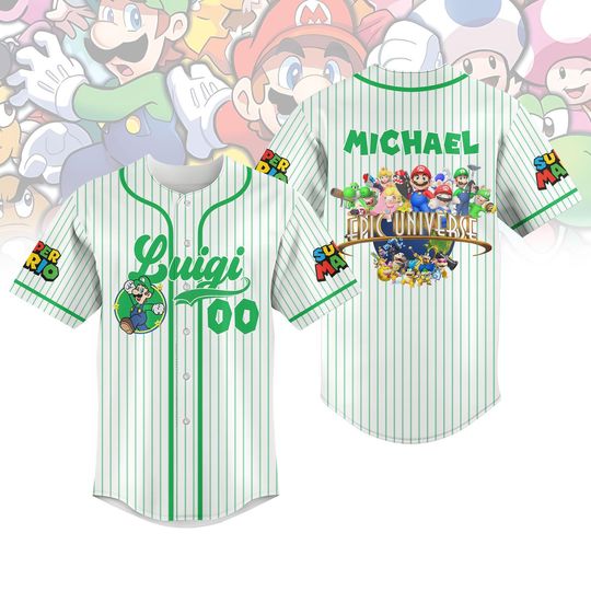 Custom Luigi Epic Universe Jersey Shirt, Super Mario Baseball Top, Personalized Family Vacation Shirt, Epic Universe Jersey Kids Shirt