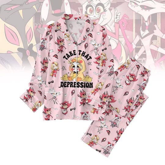 Take That Depression Pink Pajama Set, Hazbin Hotel Character Sleepwear, Mental Health PJs