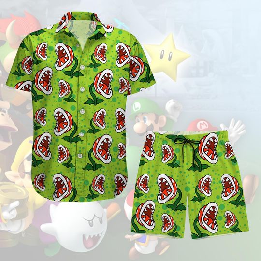 Piranha Plant Hawaii Shirt/Shorts, Piranha Plant Button Shirt, Super Mario Bros Shirt, Piranha Plant Beach Shirt, Super Mario Button Up