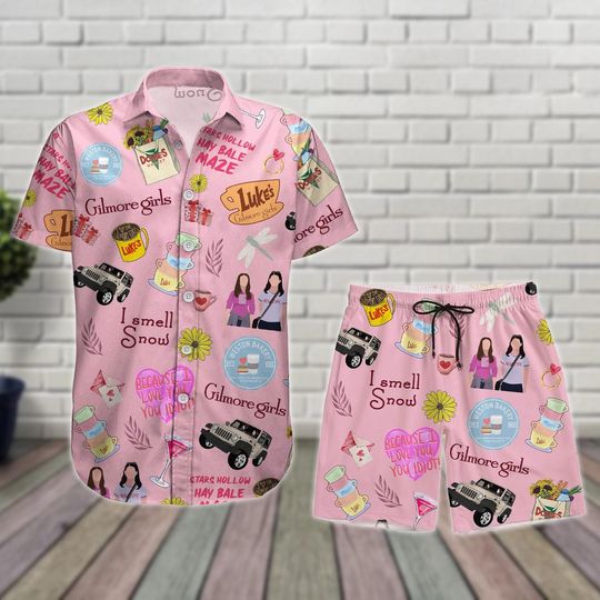 Pink Gilmore Girls Hawaiian Shirt Shorts, I Smell Snow Outfit, Cute TV Show Summer Outfit, Gilmore Beachwear