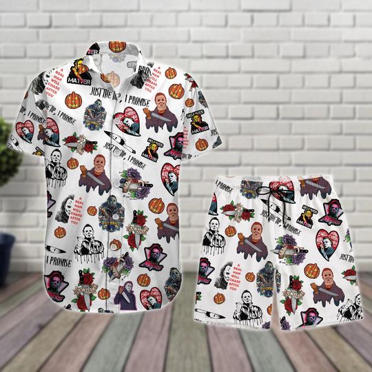 Michael Myers Halloween Hawaiian Shirt Shorts, Funny Slasher Horror Outfit, Scary Movie Vacation Costume