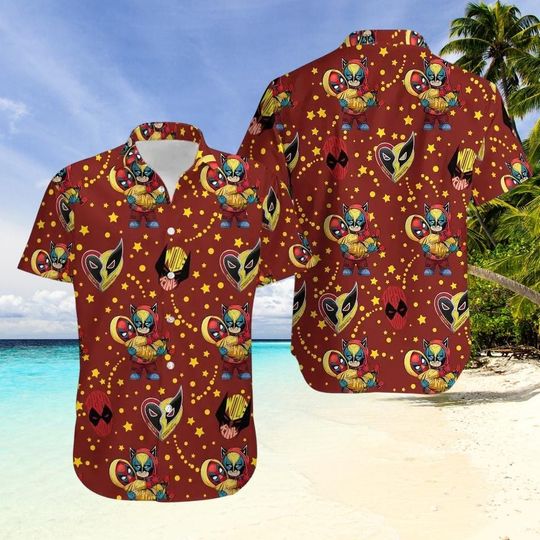 Deadpool Wolverine Cartoon Hawaiian Shirt, Red Hawaiian Comic Shirt, Funny Vacation Button Shirt, Hero Button Top Shirt