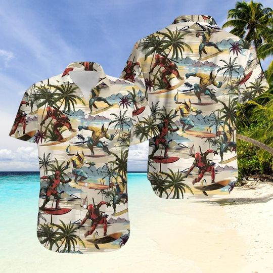 Deadpool and Wolverine Hawaiian Shirt, Superhero Surf Beach Shirt, Summer Button Top Shirt, Comic Vacation Shirt