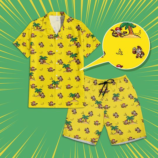 Donkey Kong Super Mario Pixel Art Hawaiian Shirt, Donkey Kong Hawaiian shirt, Super Mario Summer Vacation Shirt,  Arcade Fans Gift