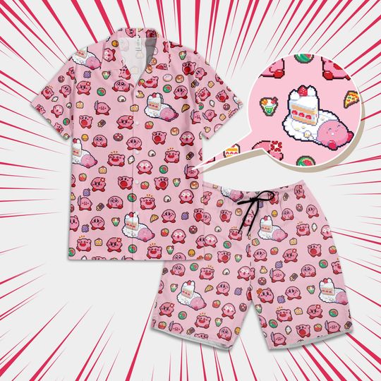 Kirby Dessert Super Mario Pixel Art Hawaiian Shirt, Kirby Sweet Cake Hawaiian shirt, Super Mario Summer Vacation Shirt,  Arcade Fans Gift