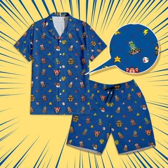 Mario Kart Super Mario Pixel Art Hawaiian Shirt, Mario Kart Hawaiian shirt, Mario Summer Vacation Shirt,  Arcade Fans Gift