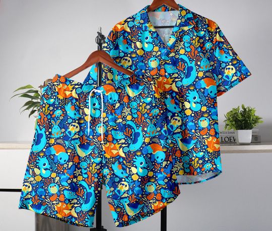 Magikarp Squirtle Hawaiian Shirt, Tropical Button Up Shirt, Funny Summer Shorts Set, Water Type Beachwear Outfit, Magikarp Shirt Gifts