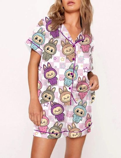 Womens Cute Labubu Print Pajama Set