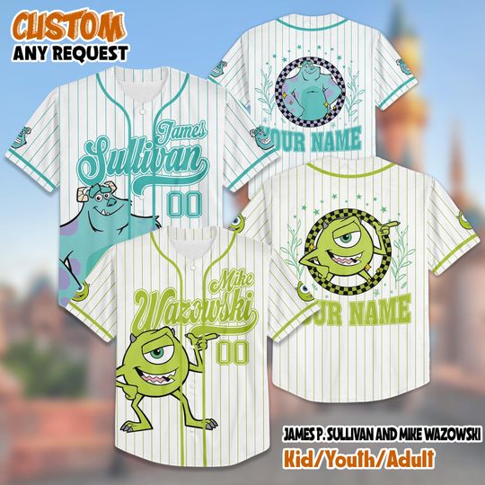 Personalized James P. Sullivan and Mike Wazowski Baseball Jersey, Disney Monsters Inc Jersey Shirt, Monsters Inc Baseball Team Outfit