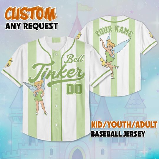 Personalized Tinker Bell Baseball Jersey, Disney Peter Pan Jersey Shirt, Disneyland Baseball Jersey, Magic Kingdom Gift