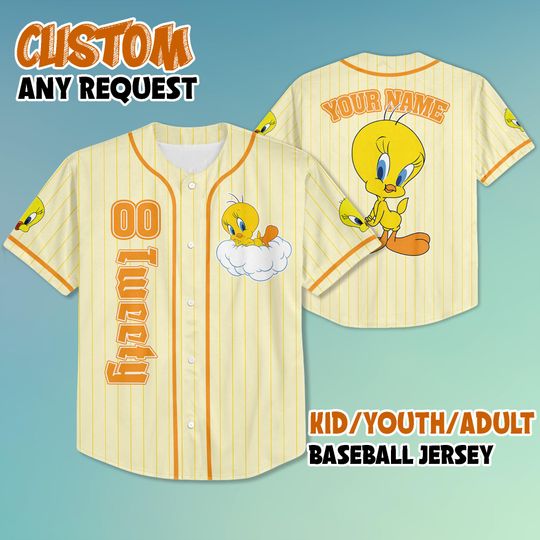 Personalized Looney Tunes Tweety Baseball Jersey, Custom Name Tweety Jersey Shirt, Looney Tunes Jersey Shirt, Birthday Gift