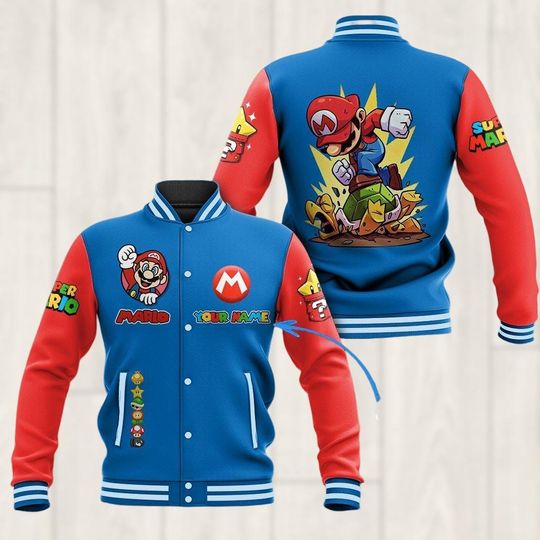 Personalized Super Mario Baseball Jacket, Mario Gaming Jacket Men, Video Game College Jacket, Birthday Boy Gift
