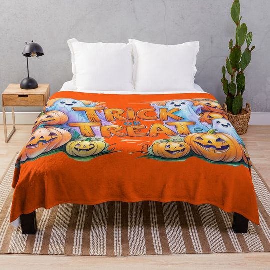 Trick or Treat | Classic Halloween Quote Design | Spooky Season Ghost Pumpkin Artwork Throw Blanket