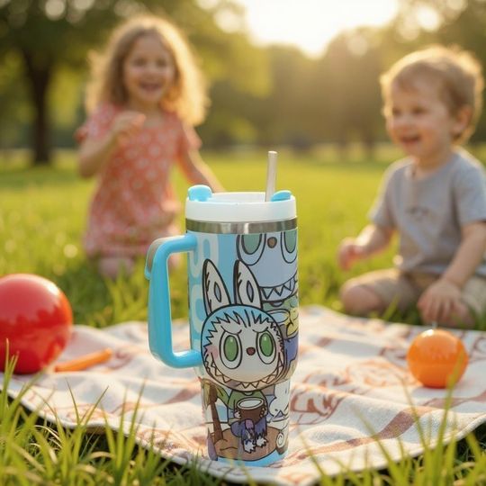 Labubu Inspired Cartoon Tumbler 40oz | Cute Bunny Travel Mug with Handle | Anime Gift