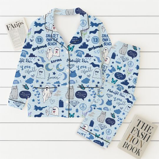 TS Songs Pajamas Set, Music Pajamas, Blue Theme Sleepwear, Cute Homewear, Cozy Nightwear Set For Music Lovers, Halloween Gift