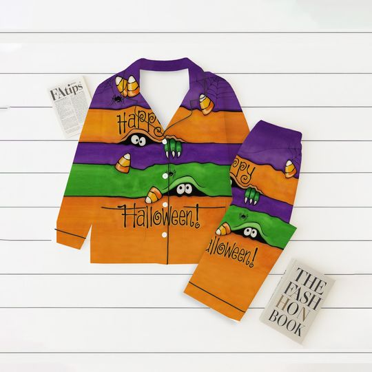 Happy Halloween Pajamas Set, Orange Green Purple Striped Sleepwear, Spooky Nights Loungewear, Halloween Pattern Homewear, Spooky Season Gift