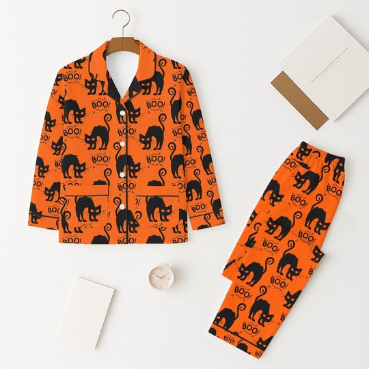 BOO Black Cat Pajamas Set, Orange Halloween Sleepwear, Spooky Season Matching Set, Witchy Cat Pajamas, Trick Or Treat Night Homewear