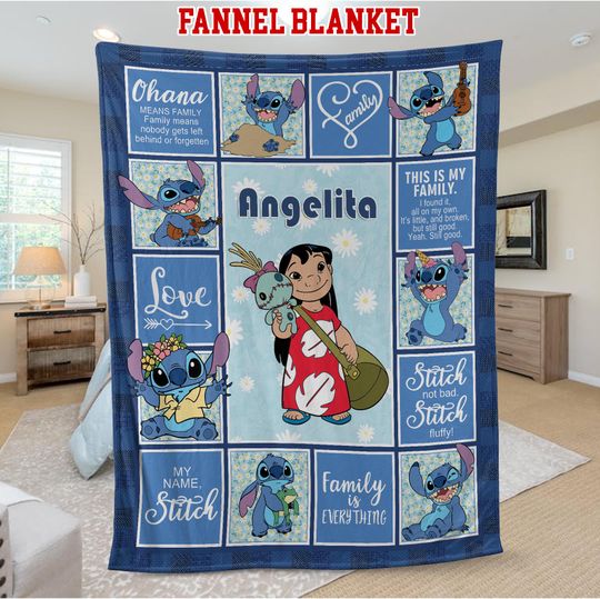 Personalized Disney Stitch Blanket, Custom Name Lilo & Stitch Baby Blanket, Stitch Birthday Gift, WDW Disneyland Stitch Ohana Means Family